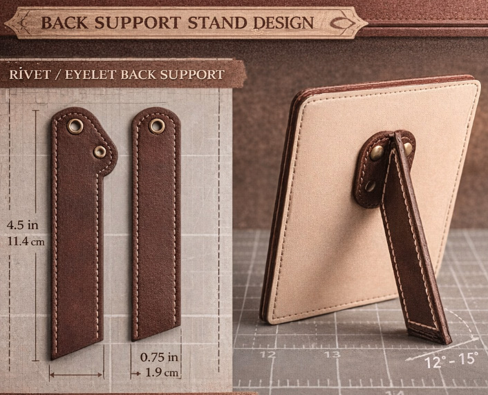 Technical diagram of the leather back support stand design showing dimensions and rivet mechanism